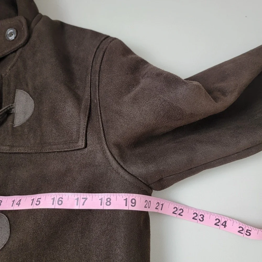Chaps est 1978 Duffle Coat Womens Small Brown Faux Fur Suede Hooded Long‎ Sleeve